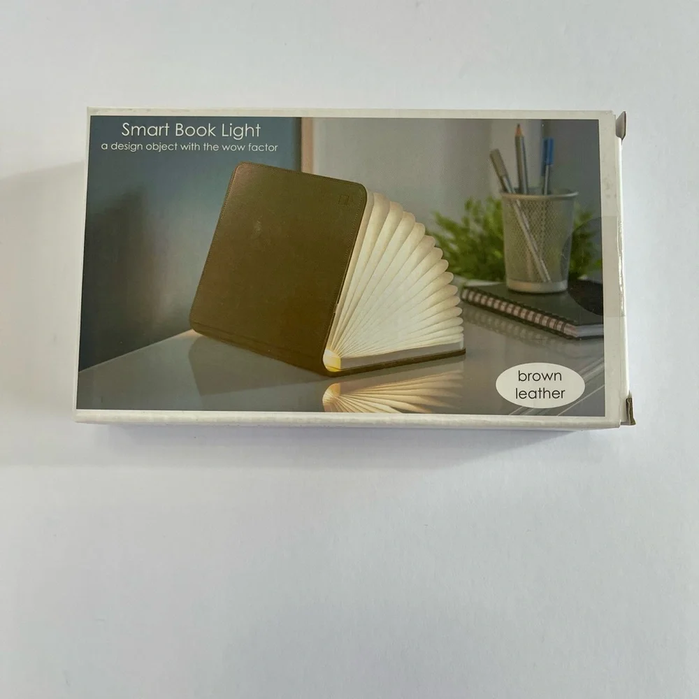 Foldable LED Book Lamp Rechargeable Mini Smart Light Brown Leather New